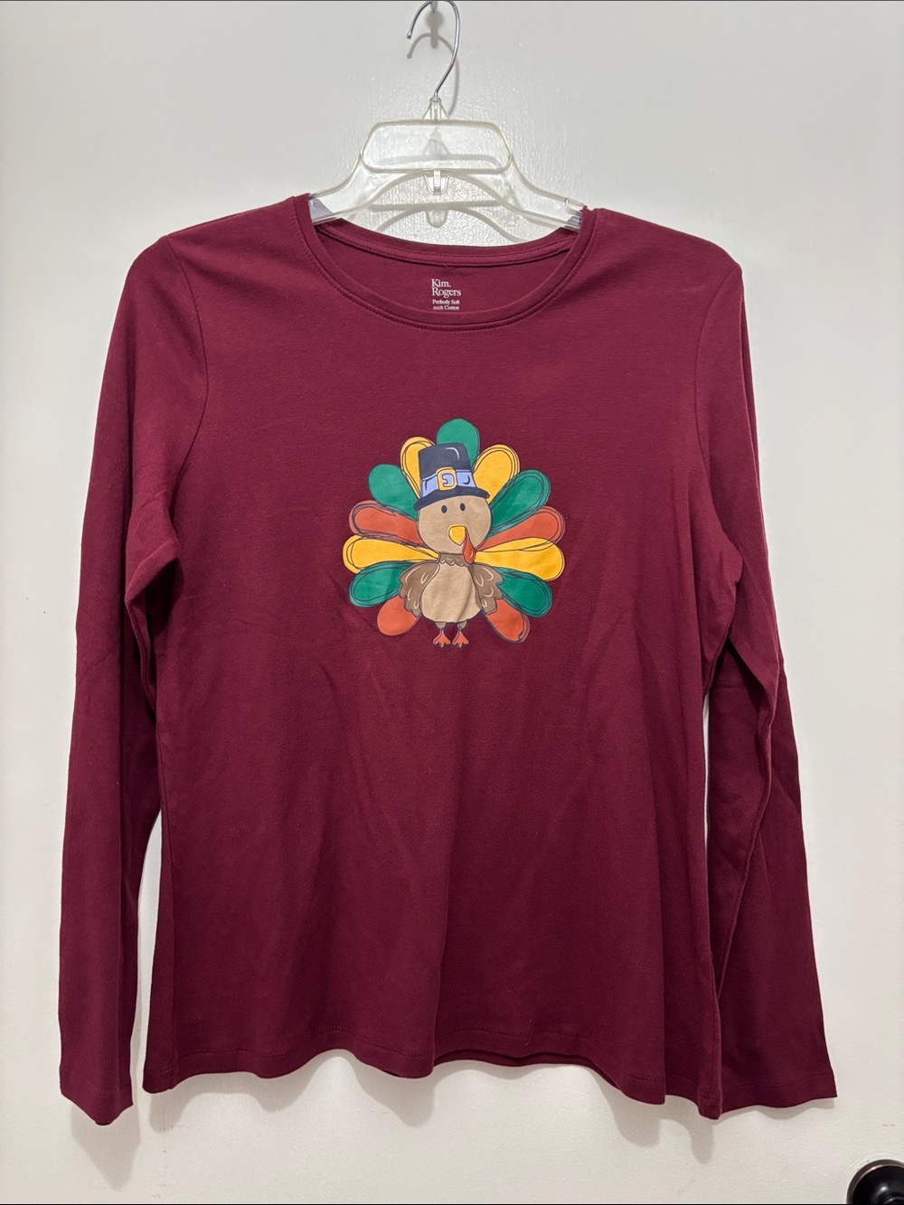 Kim Rogers Burgundy Long-Sleeve Tee with Colorful Turkey Graphic Sz M